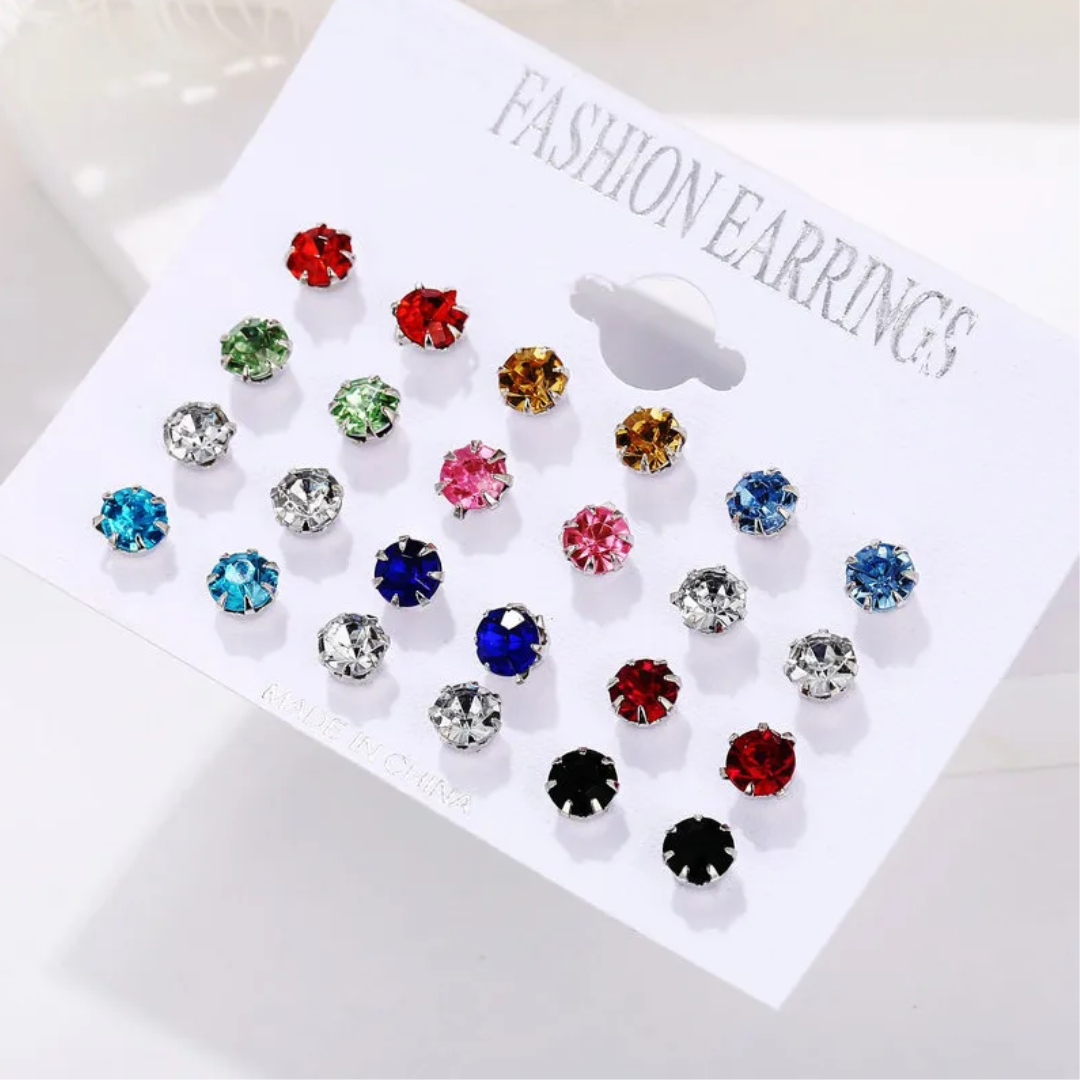 flavouredlove 12 pairs Simple Style Solid Color Alloy Plating Inlay Artificial Crystal Ear Studs - FLA1054