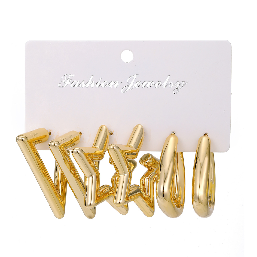 flavouredlove 3 pairs gold plated Simple Style Triangle Star Solid Color Plating Alloy Earrings - FLA1056