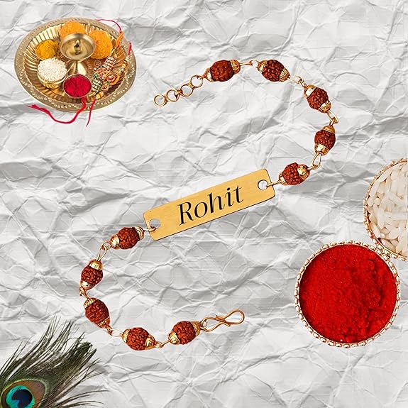 Personalized Name rakhi for Brother – Rudraksha beads patti - pack of 1