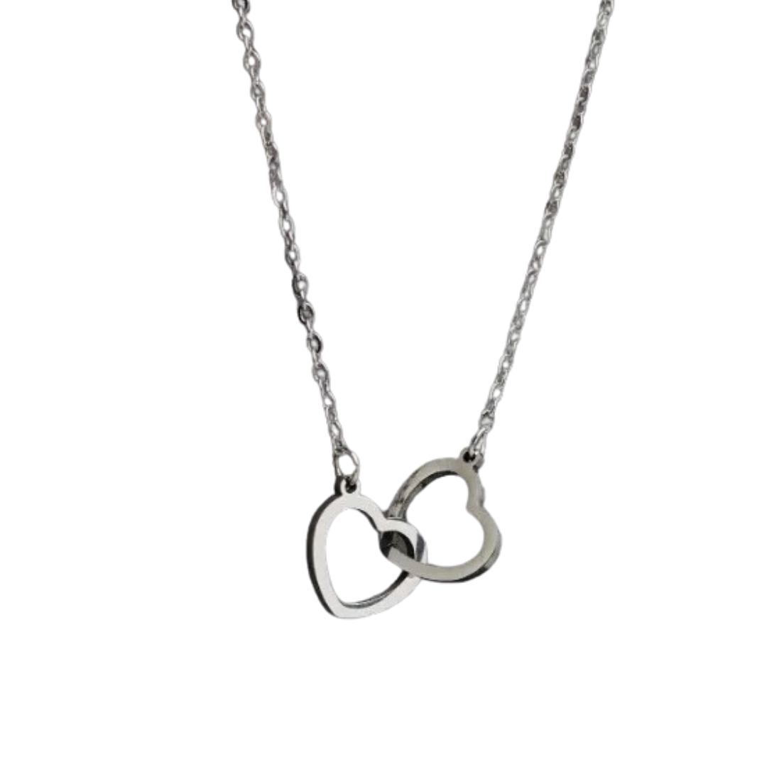 flavouredlove Simple Style Double Heart Shape Stainless Steel 18K Gold Plated Pendant Necklace - Silver Color - FLA1025
