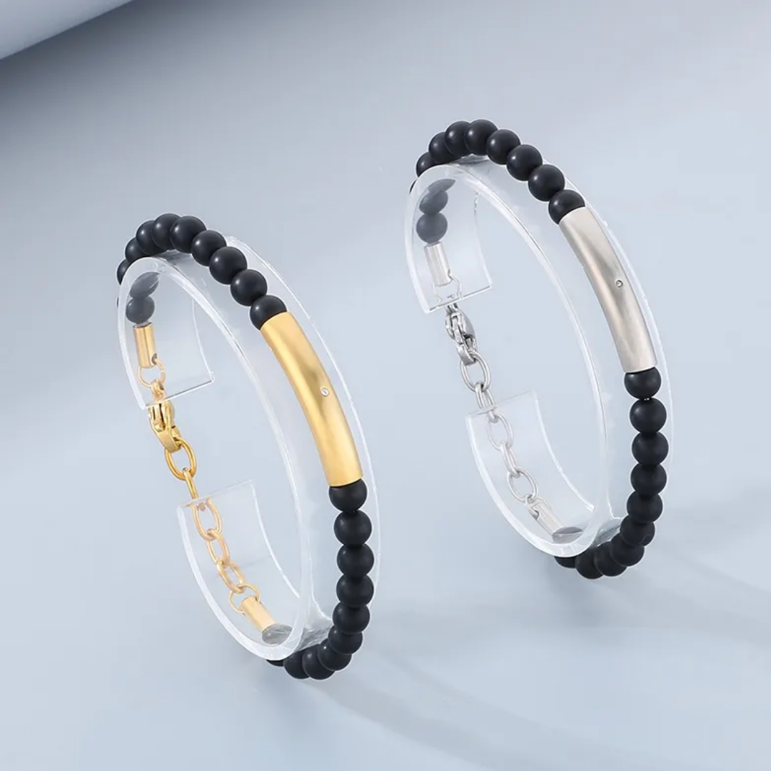 flavouredlove Customized / Personalized Retro Handmade Creative Stainless Steel Elbow Adjustable Couple Beaded Bracelet - Gold Color - FLA1009