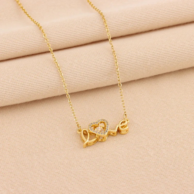 flavouredlove Love Heart Shape Titanium Steel Plating Hollow Out Inlay Zircon 18k Gold Plated Necklace - FLA1098