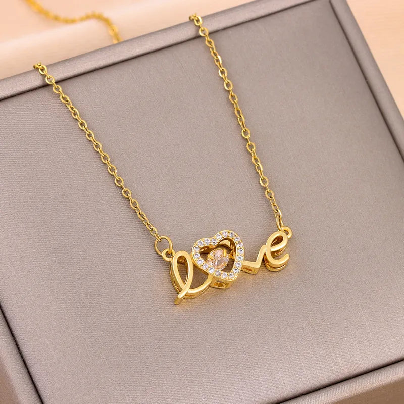 flavouredlove Love Heart Shape Titanium Steel Plating Hollow Out Inlay Zircon 18k Gold Plated Necklace - FLA1098
