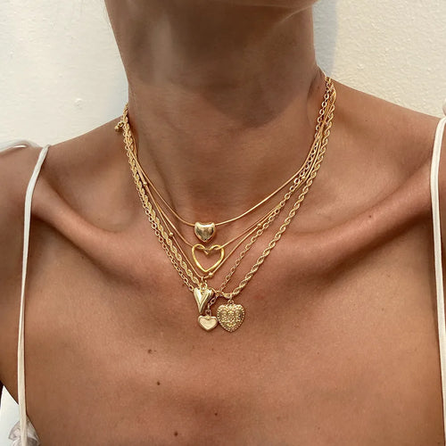Simple French Design Chain Necklace Layered Cool Heart Pendant Alloy Material Rose Gold and Gold Women's Jewelry Accessories