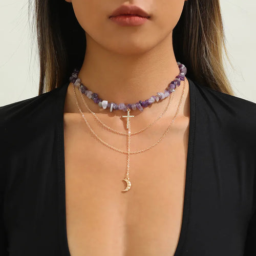 Retro Purple Stone Cross Necklace for Casual Wear Featuring Tassel Craft with Beaded Chain
