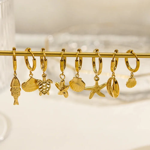 1 Piece Beach Tortoise Starfish Shell Plating 304 Stainless Steel 14K Gold Plated Earrings