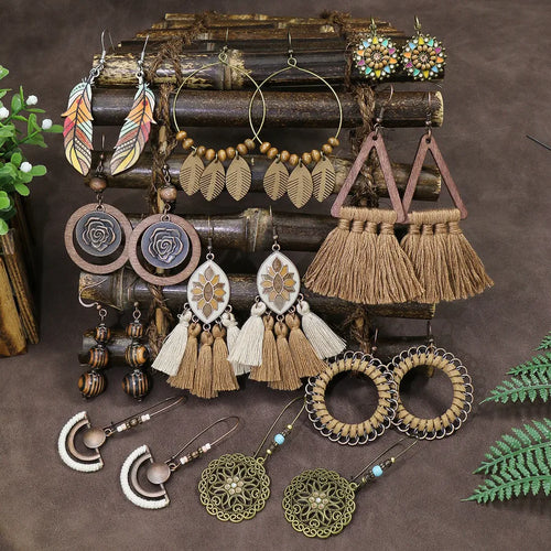 1 pair ethnic style geometric pu leather metal tassel women's earrings