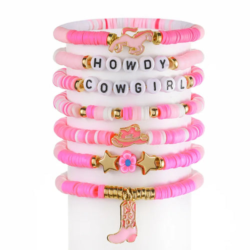New Pink Letter Soft Clay Bracelet Set Children's Fashion Western Cowboy Style Cartoon Bracelets Digital Pattern Anniversary Gifts