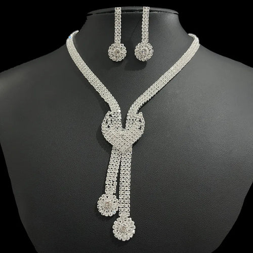 Shiny Bride Jewelry Set New Full Diamond V-neck Necklace Earrings 2-piece Set Accessories Floral Pattern