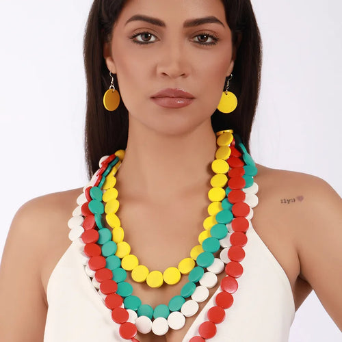 Jewelry Set Trendy Multi-layer Geometric Round Wooden Mixed Color Beaded Necklace and Earrings for Women