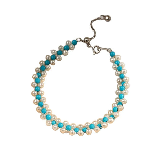 Freshwater Pearl Beaded Pearl Bracelet with Turquoise Inlay, Featuring 925 Sterling Silver Chain and Pendant for Women
