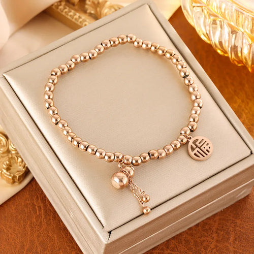Chinese Character Beading Bracelet for Women with Elastic String Chain and Titanium Steel Pendant