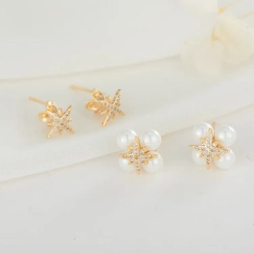 Starburst Stud Earrings for Women in Copper with Real Gold Plated Finish and Freshwater Pearl, Featuring 925 Sterling Silver Posts