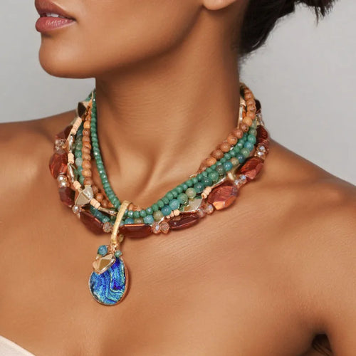 Fashion Multi-layer Beaded UV Electroplated KC Gold CCB Glass Acrylic Alloy Irregular Pendant Necklace