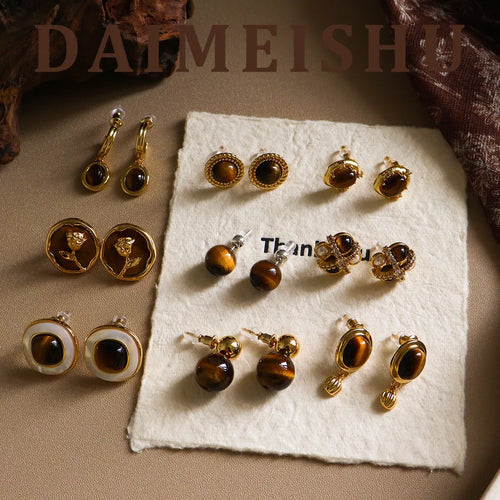 Elegant French Vintage Tiger Eye Stone Earrings Versatile Luxury Feel Mid-Century Design Geometric Pattern 925 Silver Studs For Women