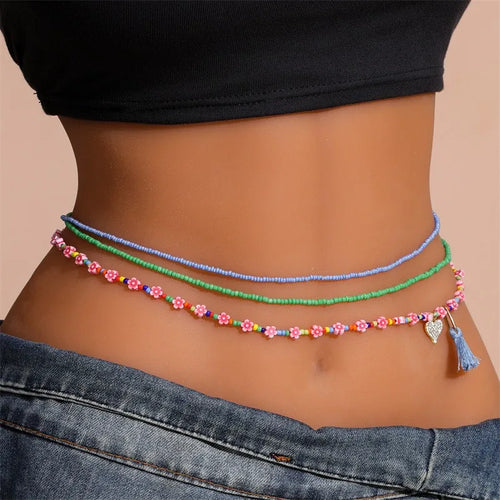 simple style round glass beaded women's waist chain