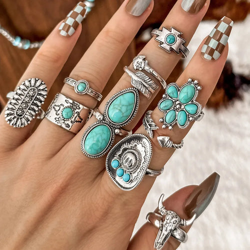 Imitation Turquoise Ring Set Bull Head Flower Feather Multi-element Turquoise Ring 10-piece Set Women's Jewelry