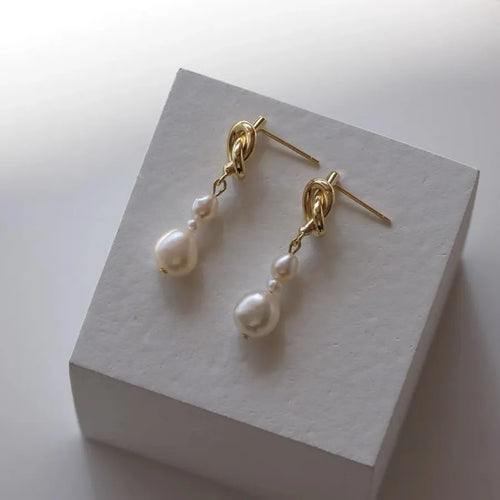 Natural Freshwater Pearl 925 Silver 14K Gold Earrings Elegant Women's Jewelry French Romantic Knot Series Ear Rings