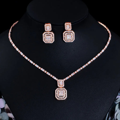 luxurious bridal square copper inlay artificial gemstones white gold plated rhodium plated jewelry set