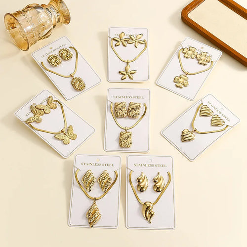 Fashionable Stainless Steel Gold Plated Jewelry Set Butterfly Flower Texture Multiple Sets Gold Color Women's Earrings And Necklaces