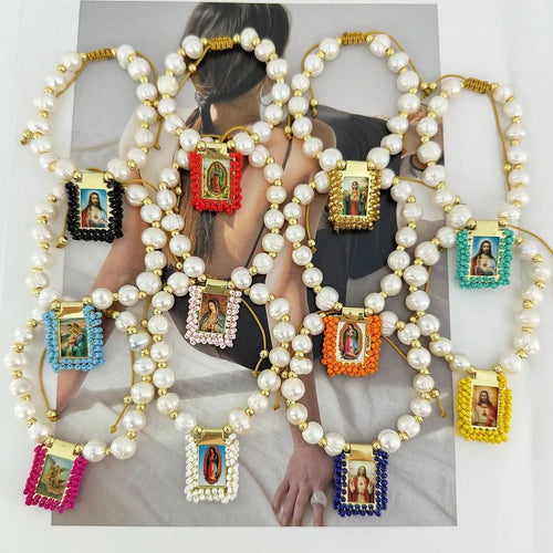 Retro Portrait Geometric Virgin Mary Polyester Brass 18K Gold Plated Beaded Chain Drawstring Bracelets In Bulk Brass Bracelets