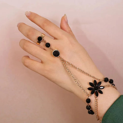 Three-dimensional Flowers Women’s Metal Bracelet with Electroplated Gold Finish and Natural Stone Inlay