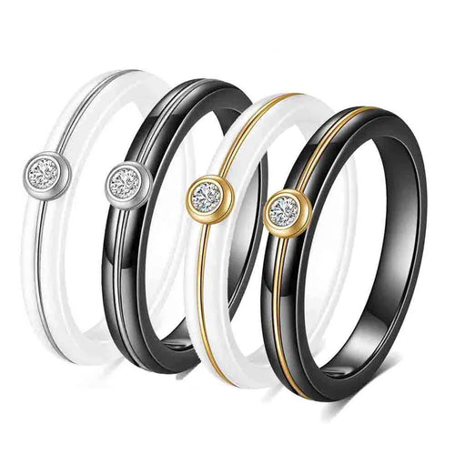 Fashionable Stainless Steel Ceramic Diamond Embedded 18K Gold Wire Ring For Women Geometric Pattern Round Design Ladies Ring