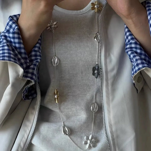 Trendy Bohemian Floral Metal Long Necklace Sweater Chain Waist Chain Color Block Design Elegant Unisex Jewelry Accessory
