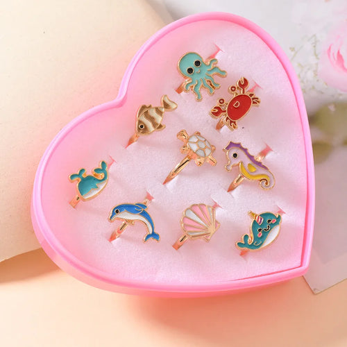 Children's Ring Set Cute Simple Design Ocean Series 9pcs Gift Box Alloy Material Cartoon Style Animal Zodiac Print For Kids