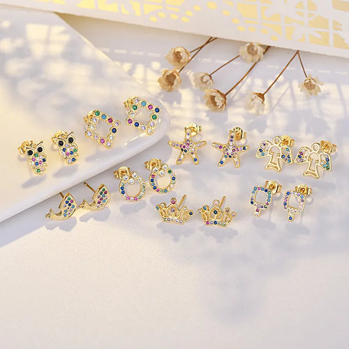 lady star crown copper plating inlay zircon ear studs 1 pair