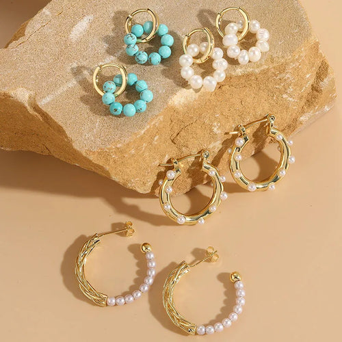 1 pair elegant luxurious classic style double ring natural stone copper beaded plating inlay freshwater pearl 14k gold plated drop earrings ear studs