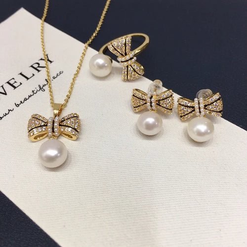 5A Grade Natural Freshwater Pearl Pendant Earrings Ring Set Gift With Perfect Butterfly Knot Elegant White Jewelry