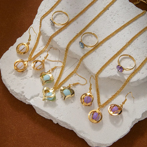 Fashionable Hollow Out Round Beaded Necklace Earring Ring Set Women's Versatile Jewelry Accessory Elegant Ins Style Alloy Craft