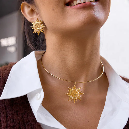 Sun Necklace for Women Waterproof Non Tarnish 304 Stainless Steel Choker with Rhinestones, 18K Real Gold Plated, 0.03µm Thickness