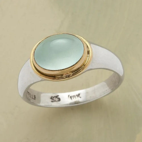 Vintage Style Geometric Silver Alloy Ring for Women with Moonstone Inlay Featuring Mixed Metal Craftsmanship