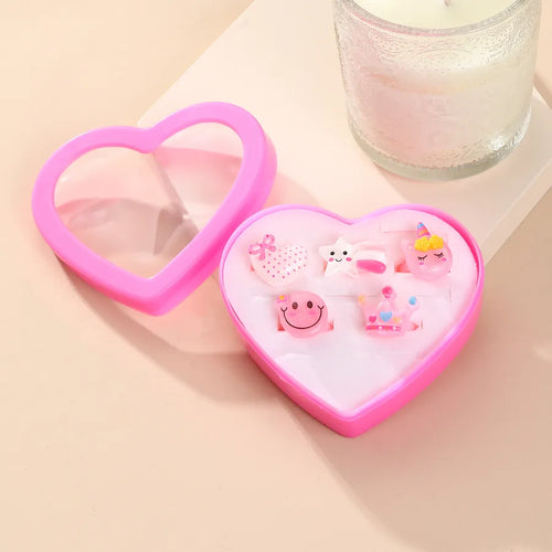 Pink Resin Cartoon Character For Kids, One Size Children's Ring Set Featuring Durable Material