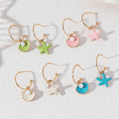 Geometric Asymmetrical Marine Style Stud Earrings for Women in KC Golden Plated Zinc Alloy with Pearl Inlay