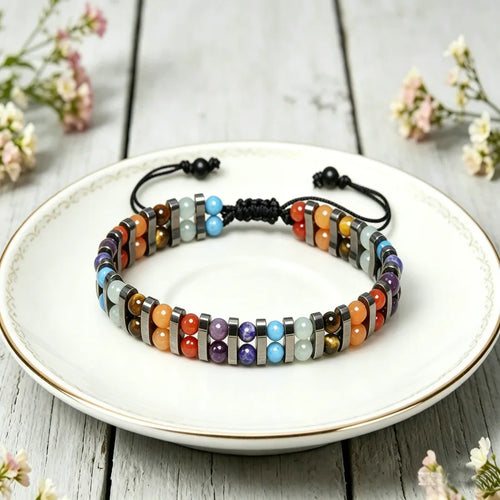 Round Natural Stone Bracelet for Women with Brass Woven Chain Featuring Beading Craftsmanship