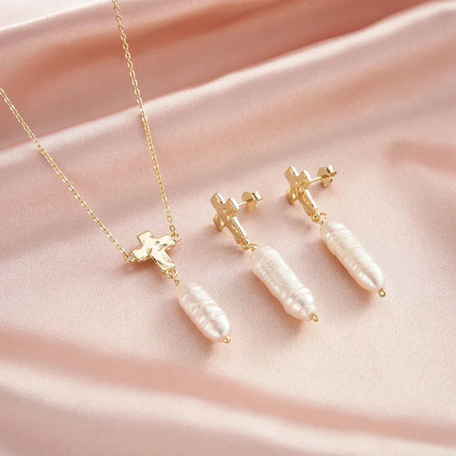 Strict Selection December New Distressed Cross New S925 Sterling Silver Baroque Strip Natural Pearl Earrings