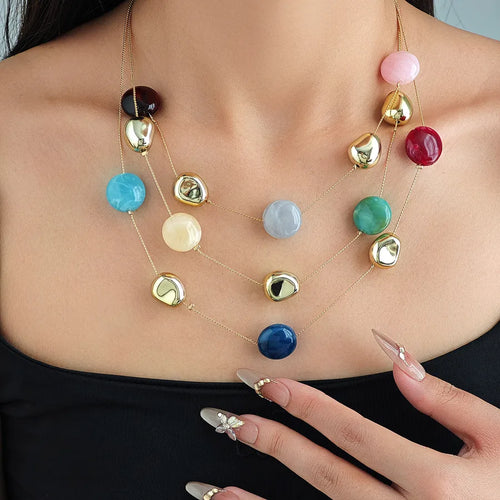Summer Vacation Style Seaside Dopamine Geometric Ornamental Stone Necklace Multi-Layer Niche Design Fresh Sweet Necklace