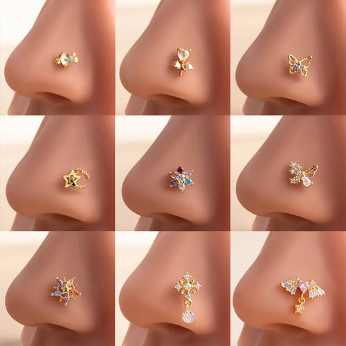 1 Piece Nose Rings & Studs Casual French Style Heart Shape Flower Butterfly 316L Stainless Steel Copper Inlay Zircon Nose Rings & Studs