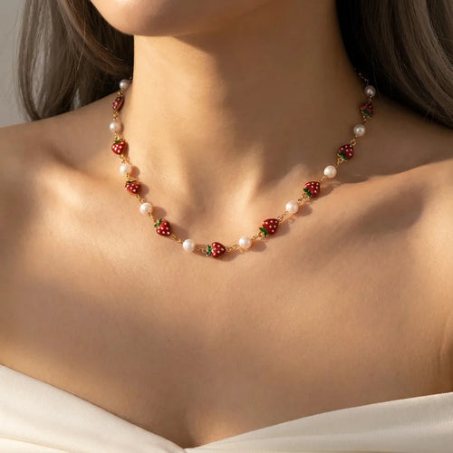 Cherry Strawberry Pendant Necklace Multifunctional Zinc Alloy Jewelry for Women Silver Orange Pink Options Available