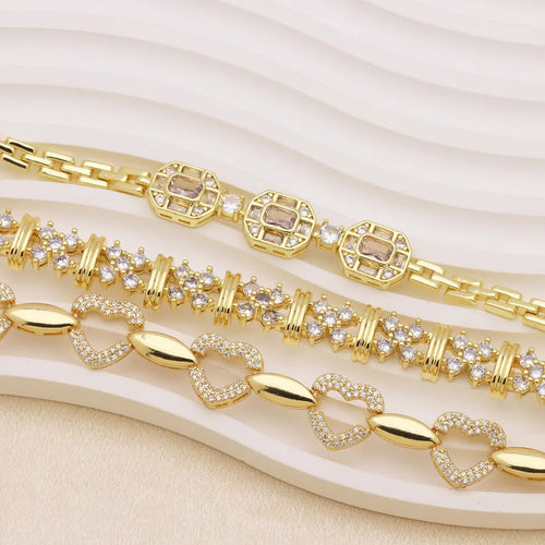 Heart Shape Bangle Bracelet for Women in Brass with 18K Real Gold Plating and Zircon Inlay