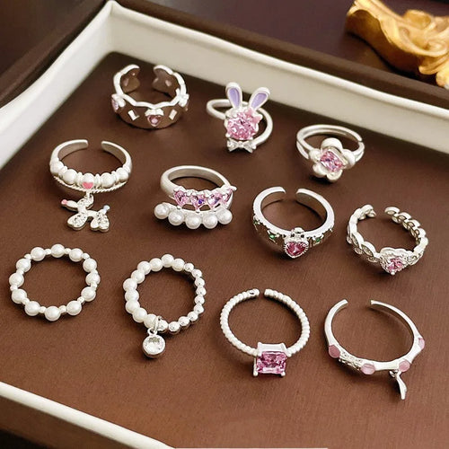 sweet rabbit dog heart shape copper inlay zircon rings