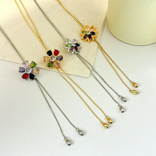 Long Bohemian Style Floral Diamond Sweater Chain Necklace For Women Ins Fashion Alloy Jewelry Accessory Pendant Decor