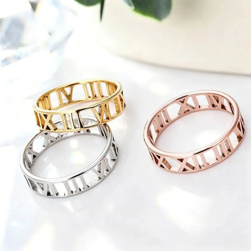 Simple Style Unisex Titanium Steel Ring with Silver Roman Numeral Cutting Design