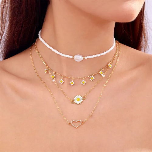 Retro Heart Shape Daisy Alloy O-shaped chain Layered Necklaces Wholesale