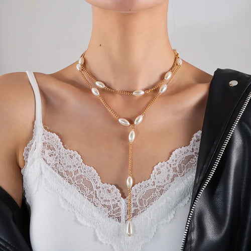 Sold Jewelry Simple Imitation Pearl Chain Necklace Long Personalized Twin Necklace Necklace Nk26830
