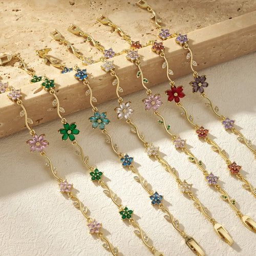 Polished Flowers Bracelet for Women with Handmade Chain, Copper Base, 18K Real Gold Plated and Rhinestone Inlay Featuring Water Plating