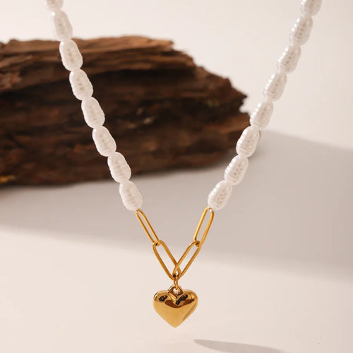 304 Stainless Steel Artificial Pearl Titanium Steel Beaded Chain Paperclip Chain 18K Gold Plated Heart Shape Necklace